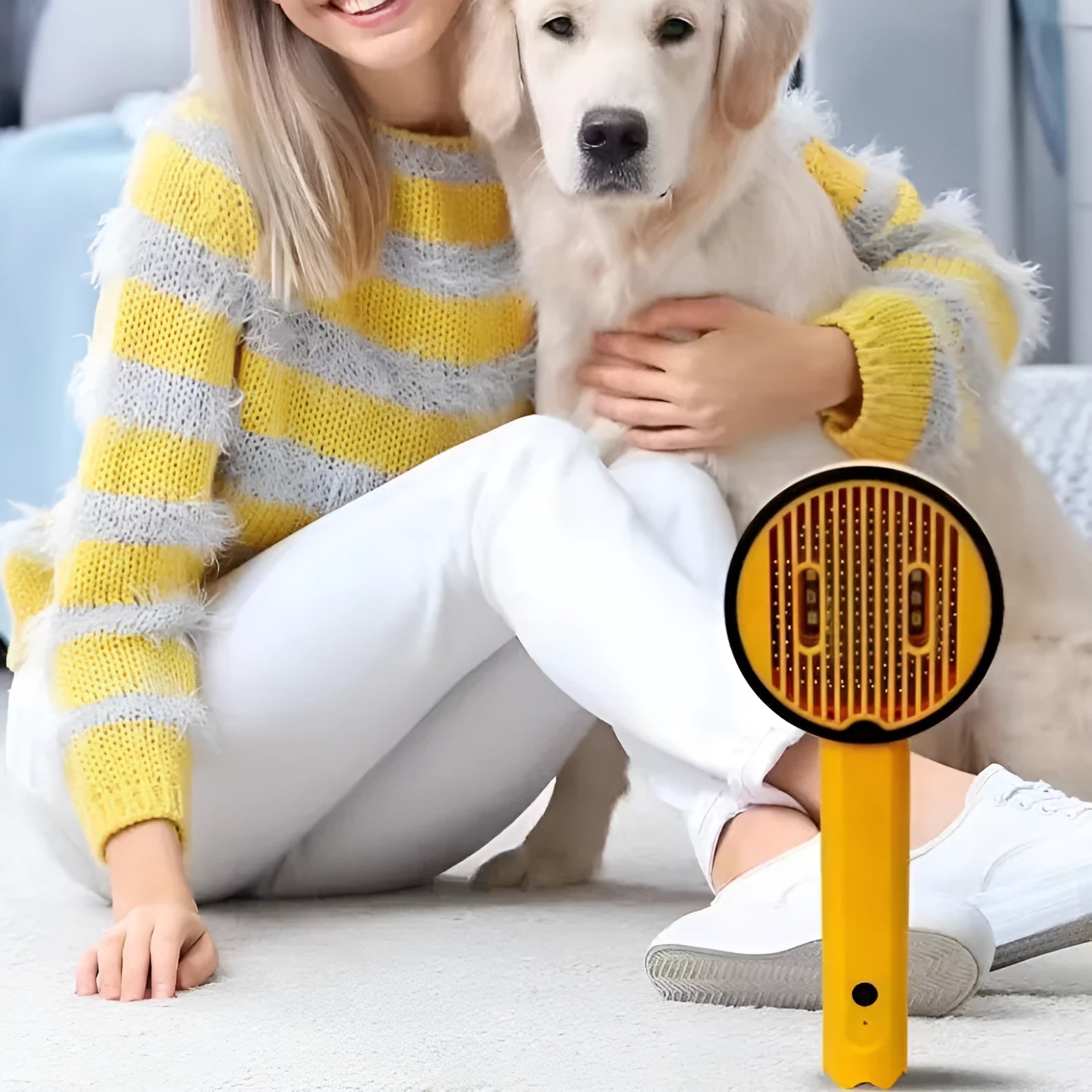 USB rechargeable UV sterilization pet comb for cats and dogs in pink, yellow, and white ABS plastic
