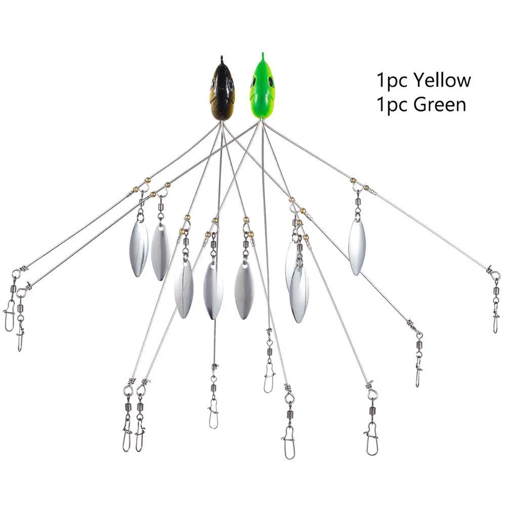Bassdash umbrella fishing lure rig with 5 swivels and rotating metal sequins in green colour