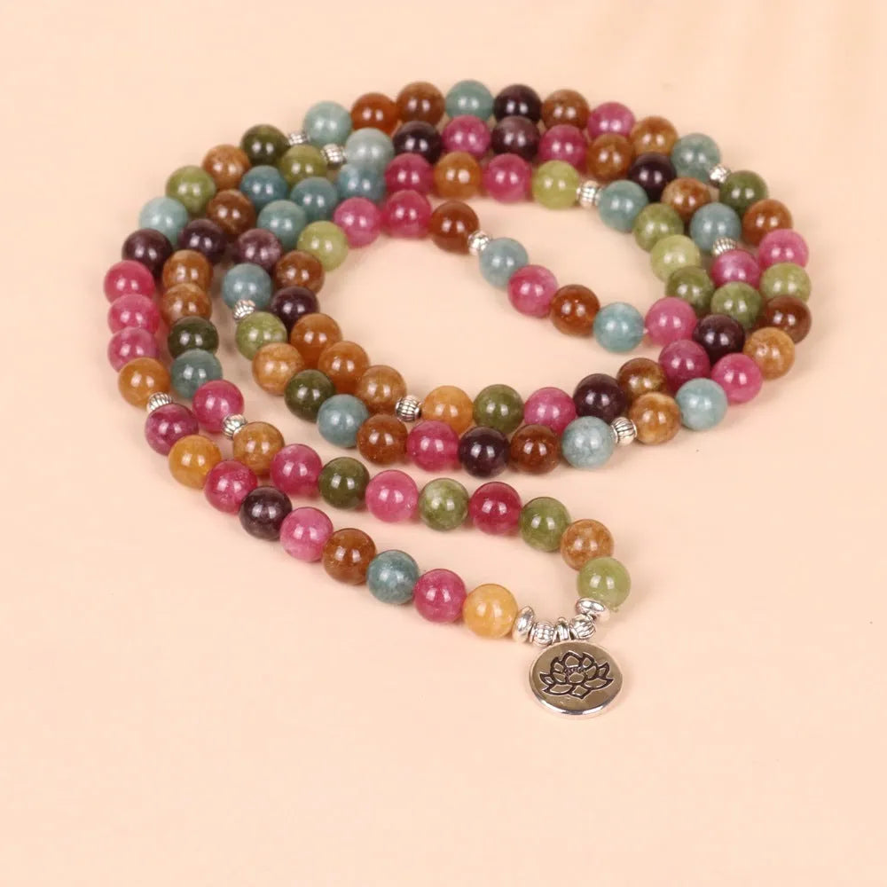 108-bead multi-layer alloy bracelet in tourmaline colour on a string.