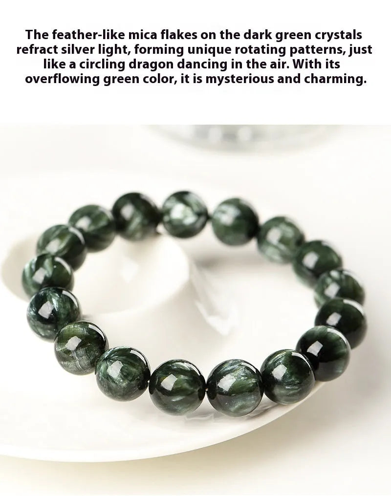Natural Green Dragon Crystal round bead bracelet with 8-9mm beads and a Ruyi charm.