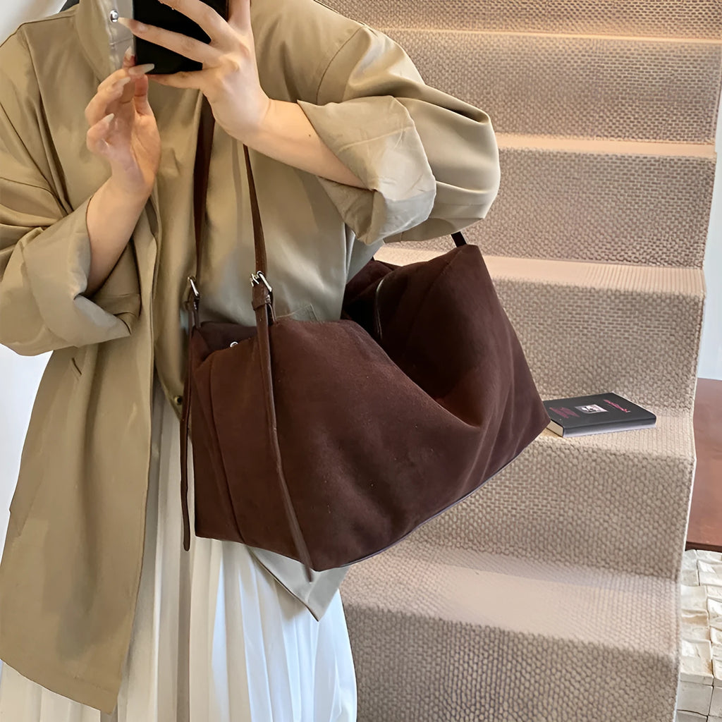Women's large capacity suede-look PU pillow shoulder bag with outer slit pocket in black, brown, coffee, or khaki