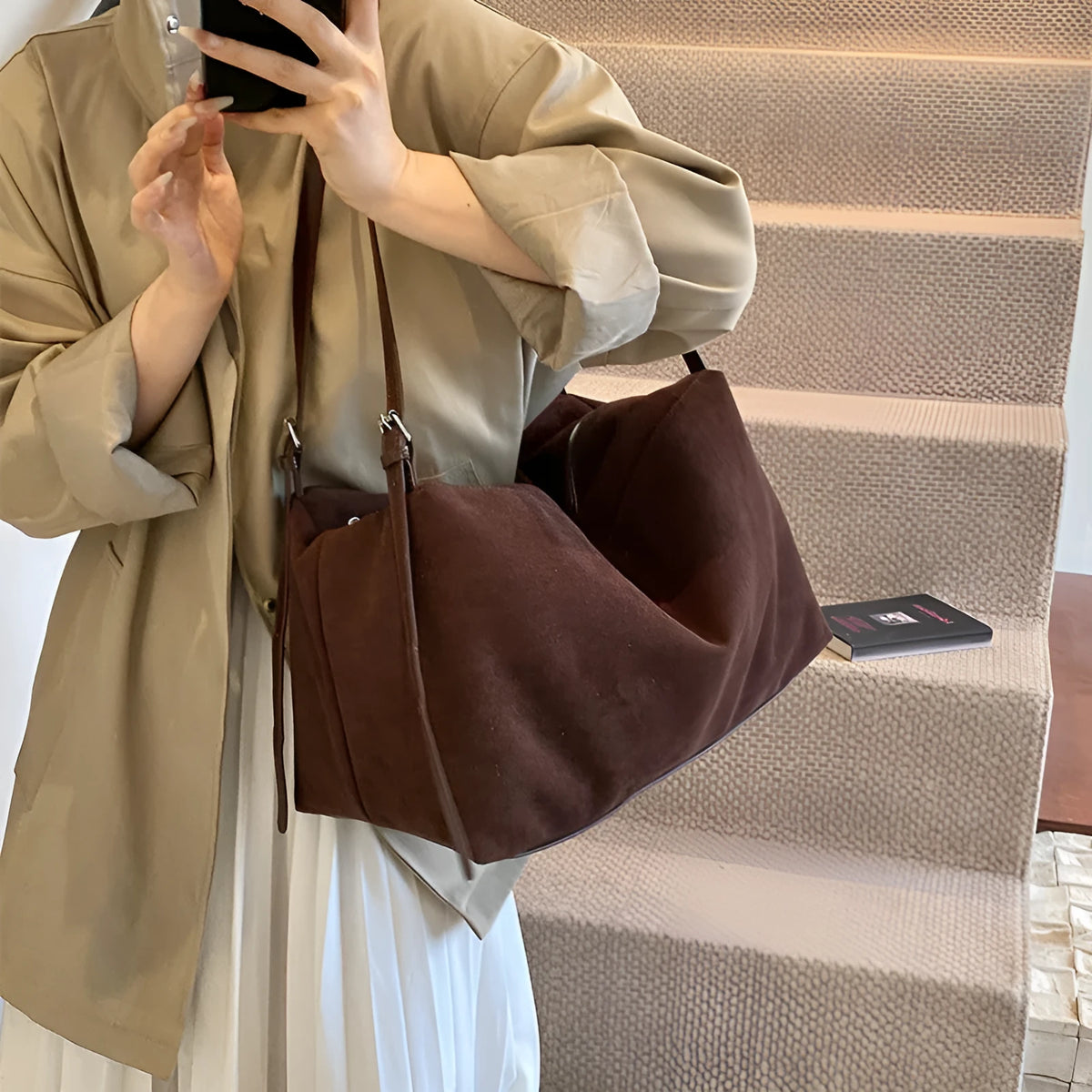 Women's large capacity suede-look PU pillow shoulder bag with outer slit pocket in black, brown, coffee, or khaki