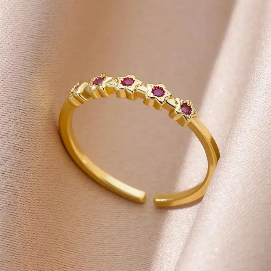 Adjustable 18K gold plated love emerald ring with synthetic zircon for women, open mouth copper design