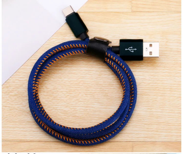 Cowboy style braided type-c charging cable with aluminium connectors in black, blue, and red colour options.