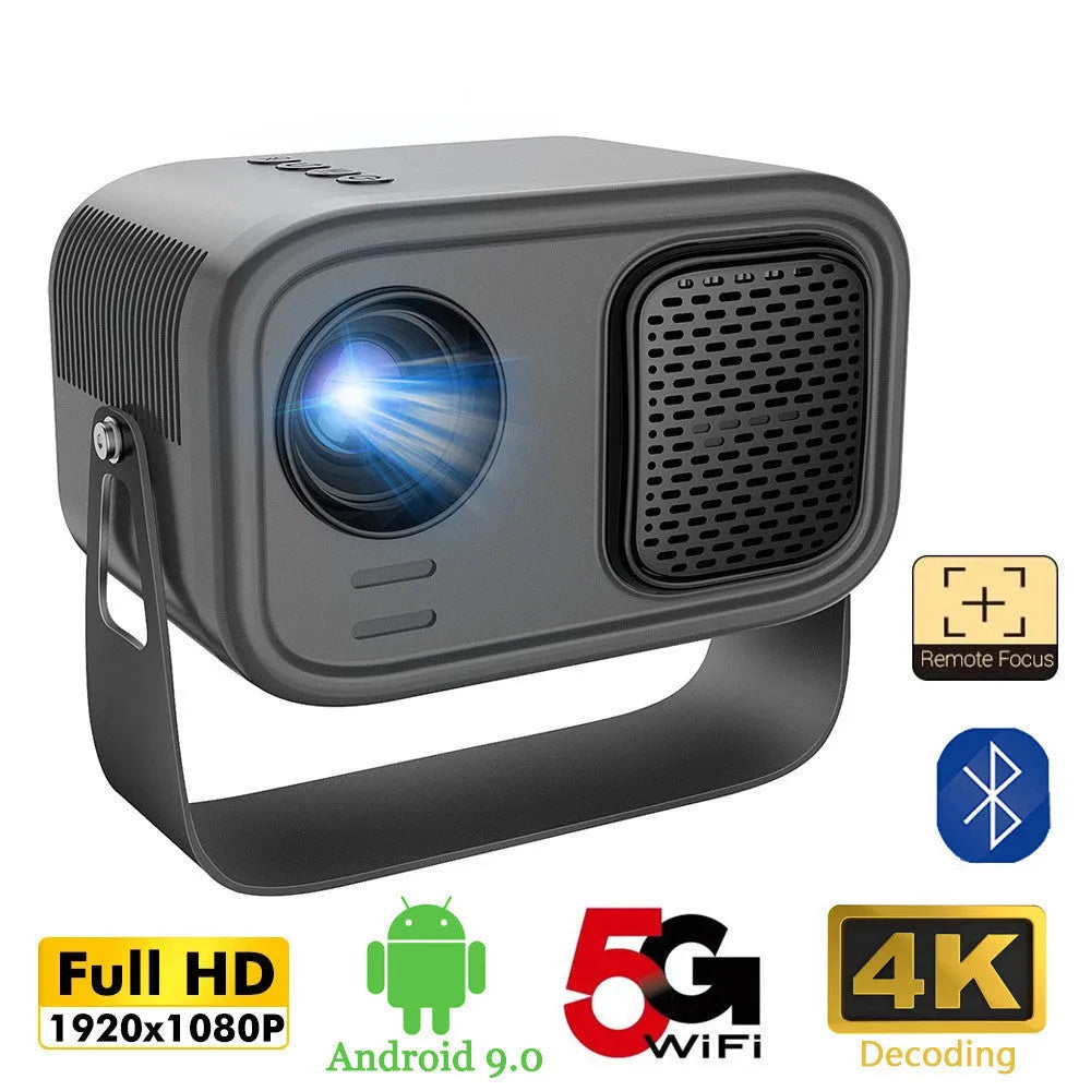 Black HD smart portable projector with remote control and cables for home office use