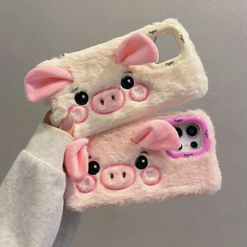 Plush cute piggy phone case with bracket on pink and white soft furry fleece cloth for Samsung smartphones