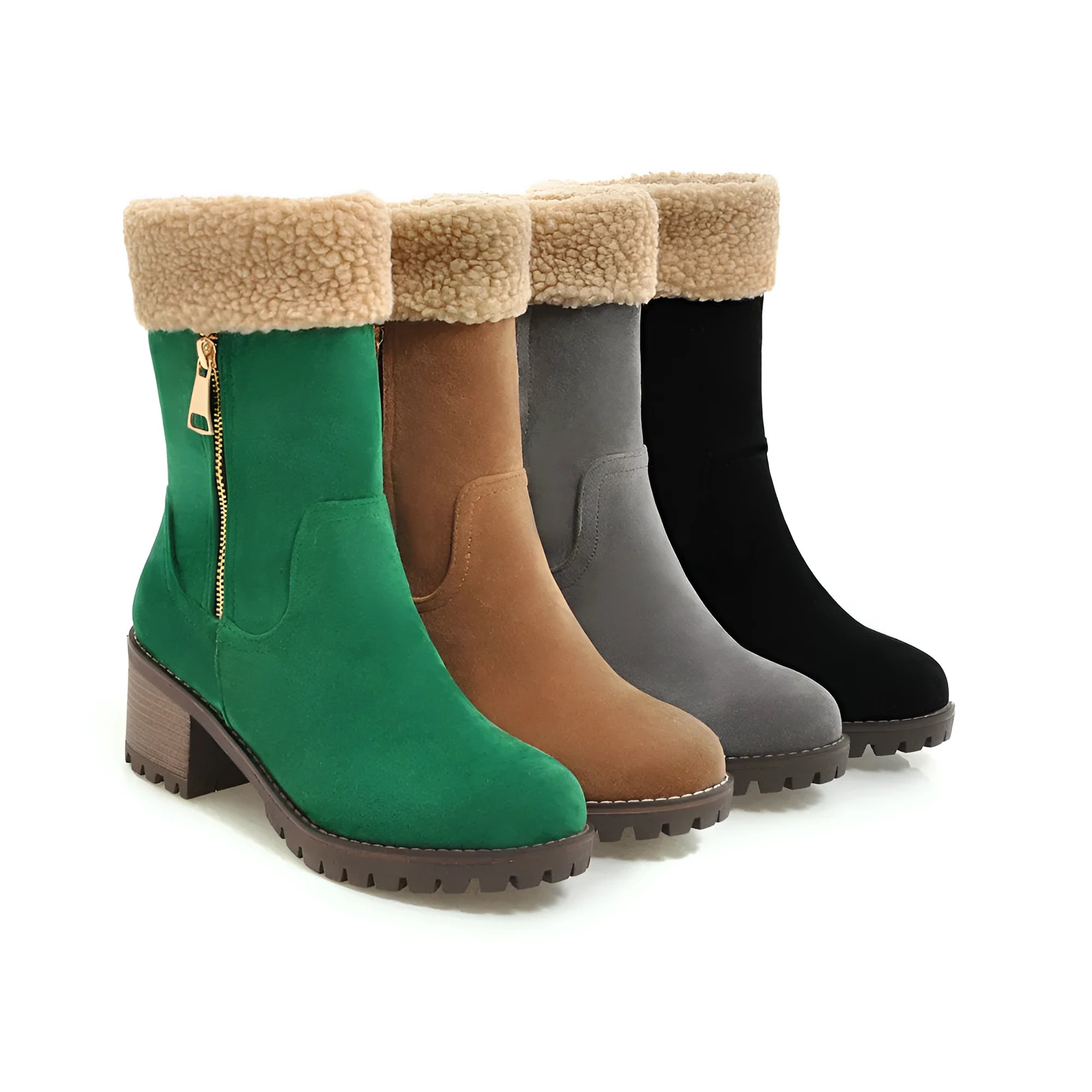 Waterproof snow boots with rubber sole and plush lining in black, grey, green, orange colours.