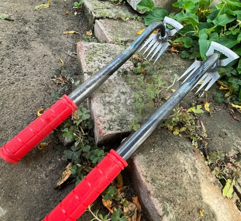 Dual-purpose gardening hoe rake tool with alloy steel construction for digging wild vegetables