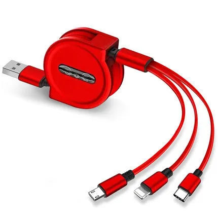 3 in 1 telescopic charging cable with TPE cable and titanium alloy connectors in multiple colours