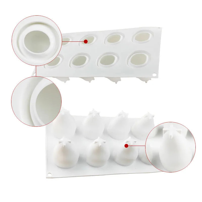 Set of six silicone baking moulds showing pineapple, pine cone, and pear shapes for desserts.