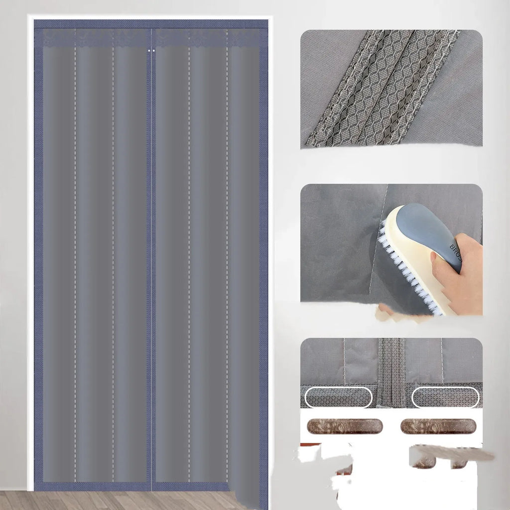 Full seam long magnetic strip cotton door curtain in New Chinese style, shown in grey diamond lattice pattern.