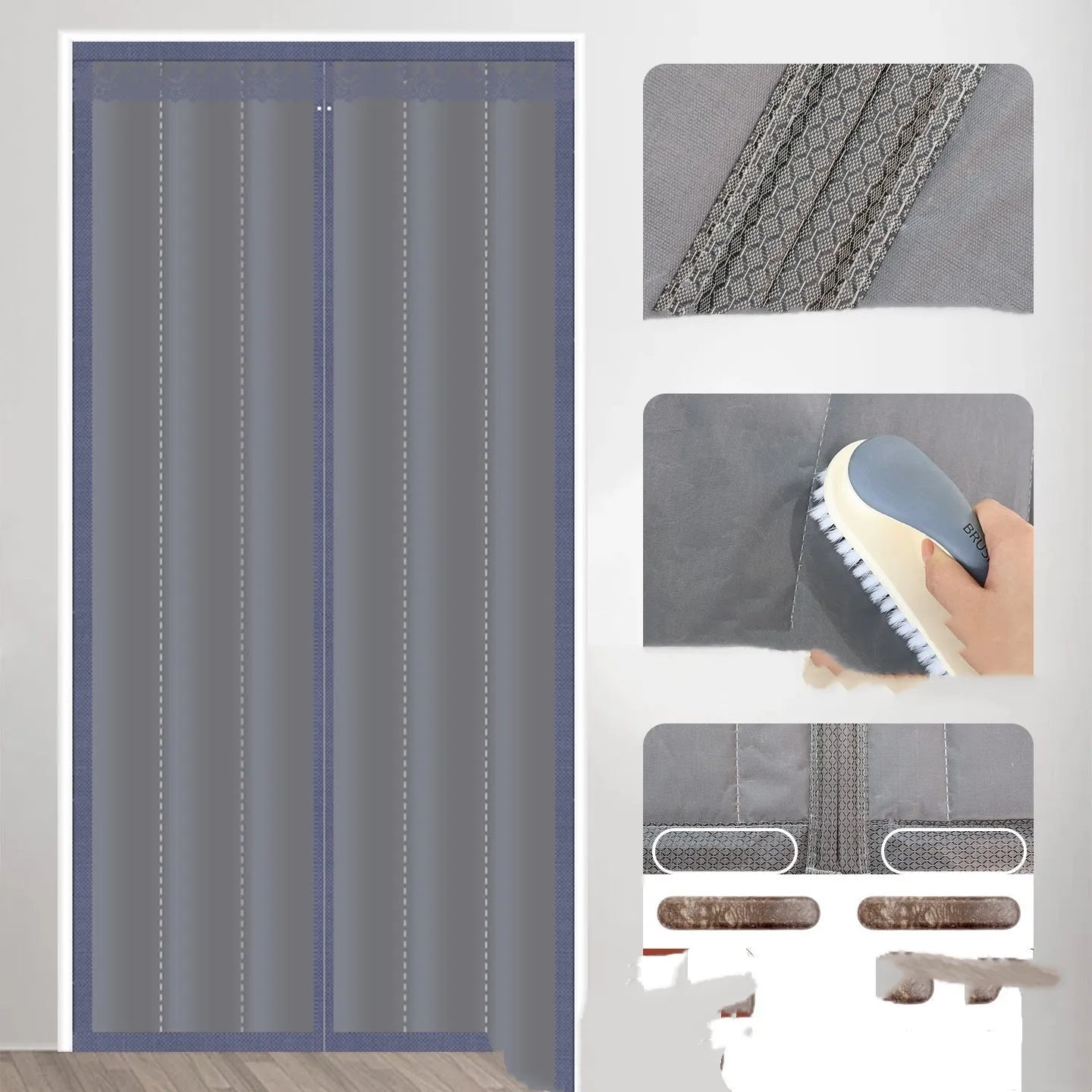 Full seam long magnetic strip cotton door curtain in New Chinese style, shown in grey diamond lattice pattern.