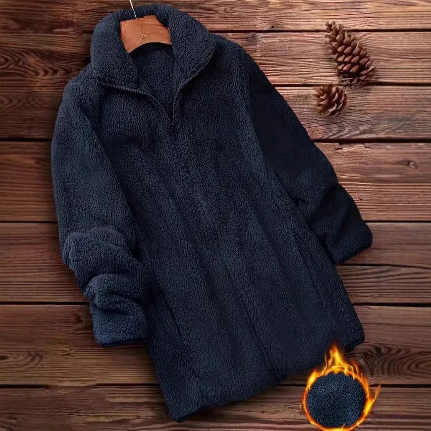 Double-sided velvet fleece coat in black, navy blue or khaki colours with fleece lining