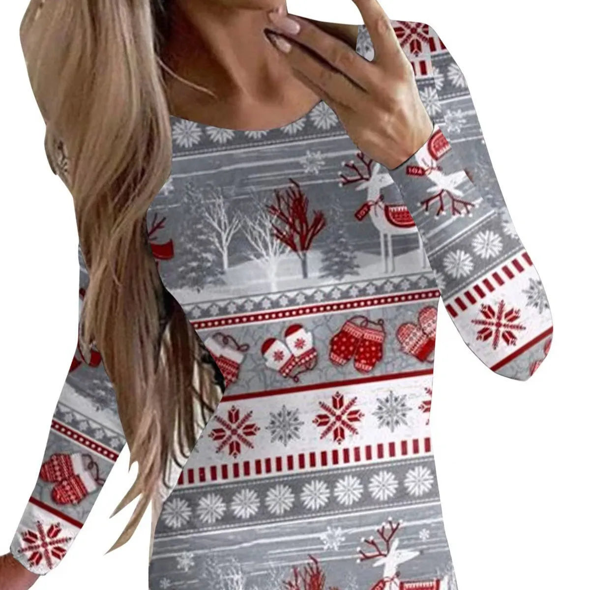 Christmas printed narrow dress with animal pattern design and round neckline