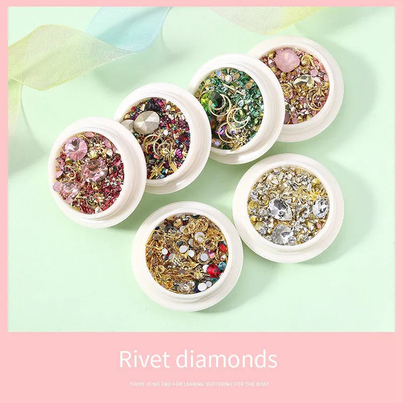 Set of metal nail art diamond and rivet sequins in six colours 89g