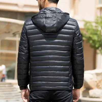 Men's lightweight quilted stand collar winter coat in black, down cotton filler, medium length 65cm, sizes M to 10XL
