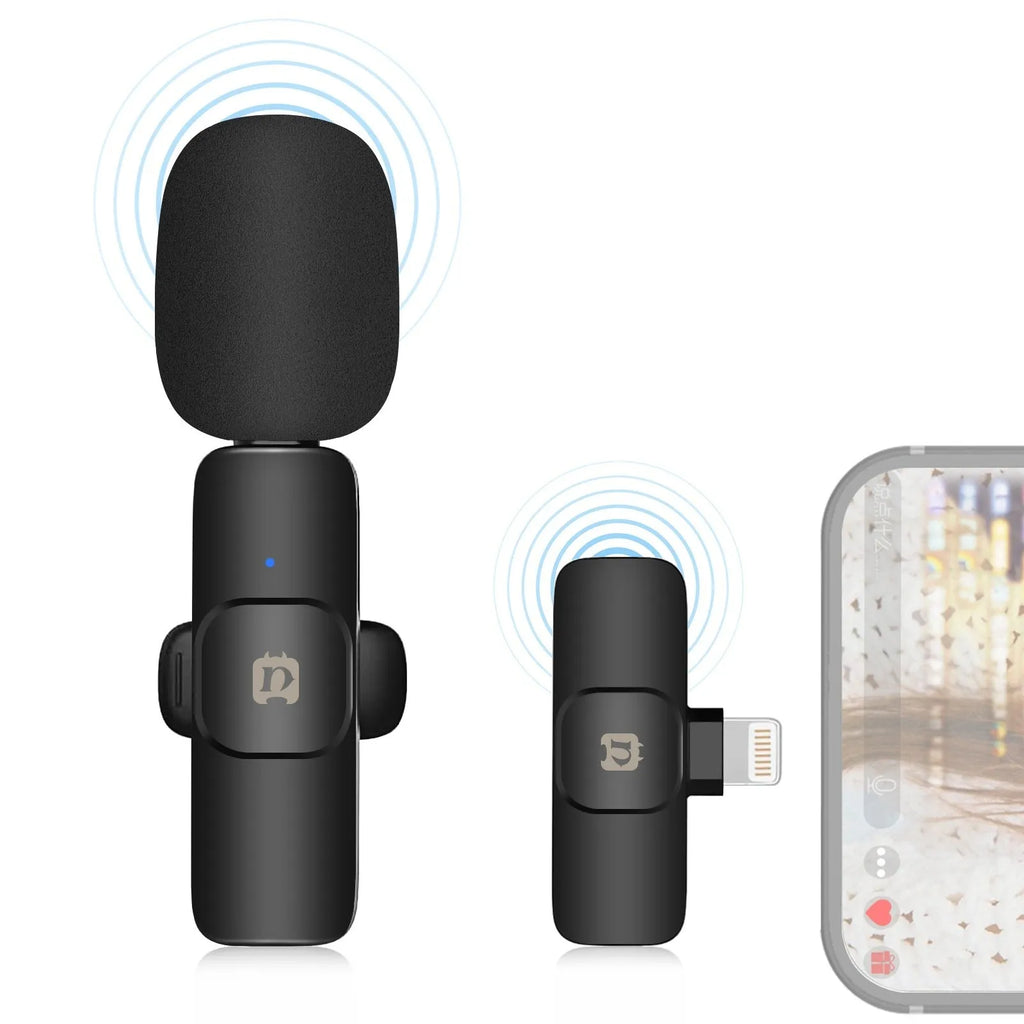 Wireless neckline clip microphone with carbon fibre transmitter, charging cable, and receiver for outdoor recording