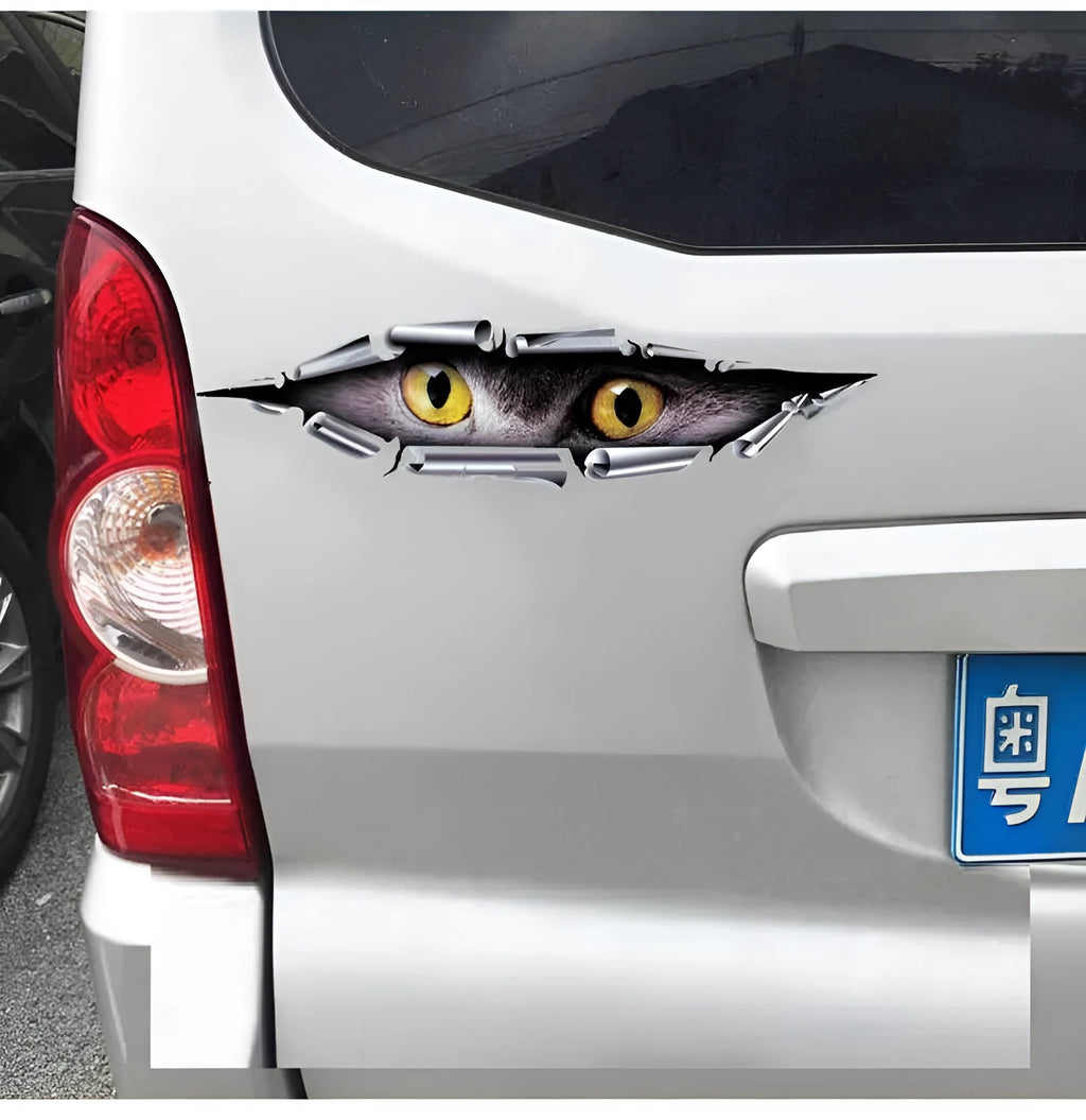 3D Tiger Eye or Eagle Eye pattern car door sticker on a vehicle bumper.