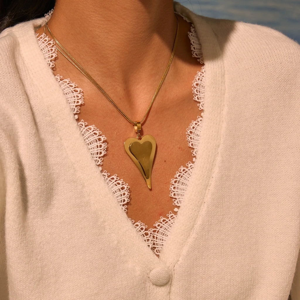 Double heart snake bones chain necklace with geometric pendant in stainless steel with 18K electroplated finish