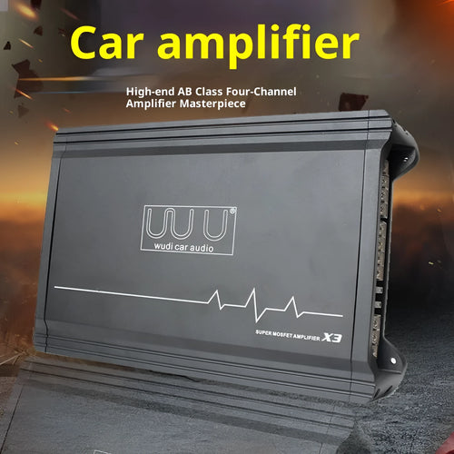 X3 car audio four-way amplifier with aluminium alloy casing and heatsink fins