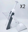 White and blue multifunctional vegetable slicer with stainless steel blades on a kitchen counter.