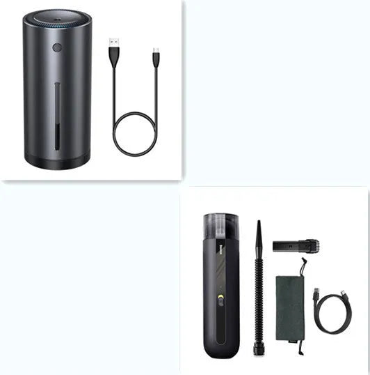 Baseus wireless handheld car vacuum cleaner in black, shown with blowing hose attachment and Type-C charging cable.