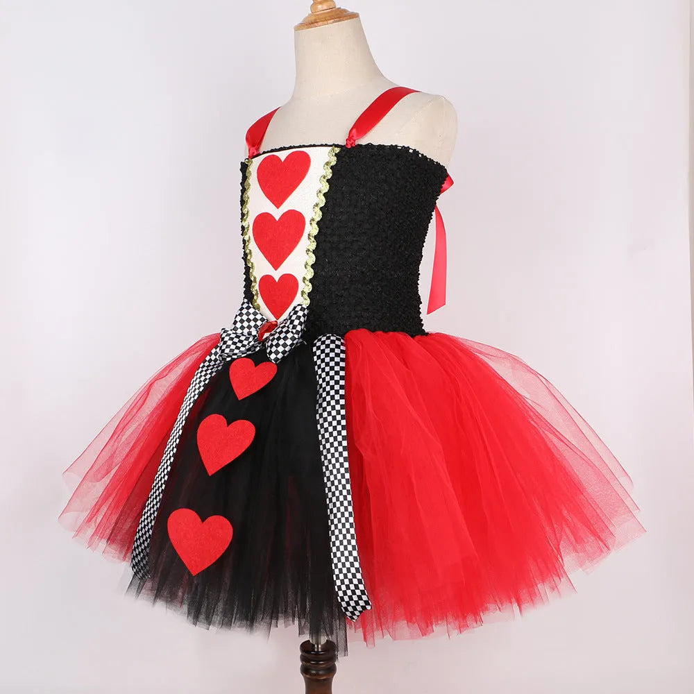 Children's mesh peach heart queen princess dress with non-slip headband in plaid pattern