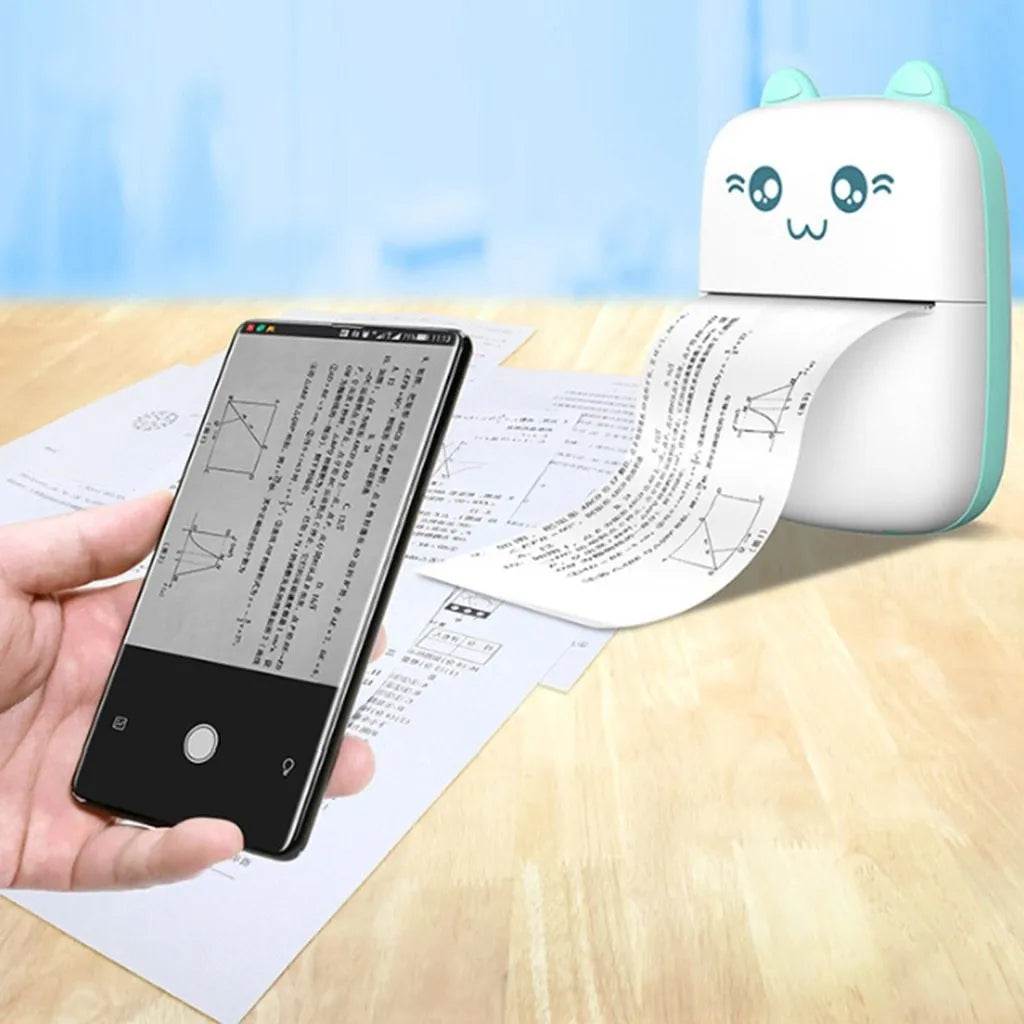 Mini portable Bluetooth thermal printer in green with dimensions 11x8x3.5cm and 160g weight