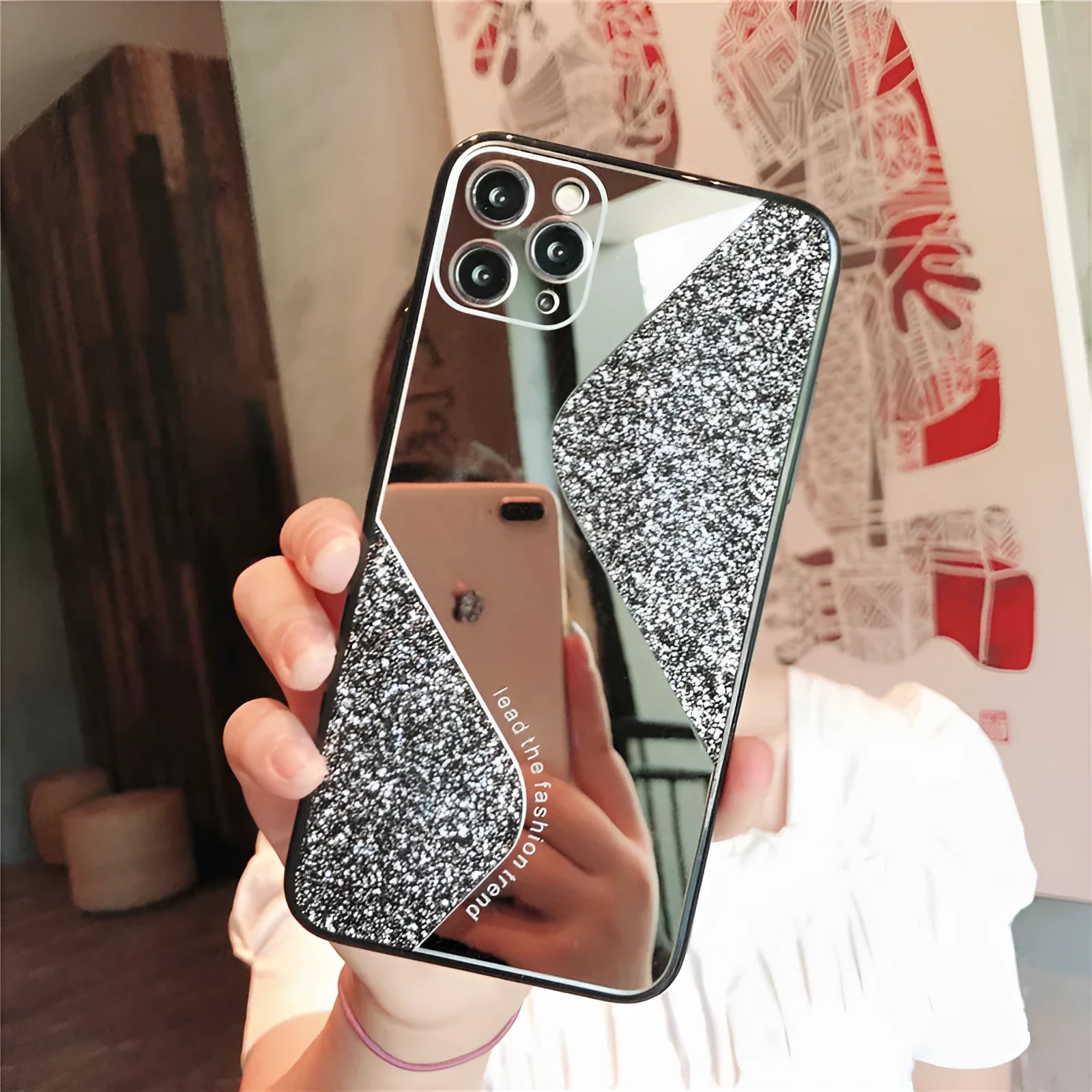 Glitter mirror phone case with rhinestone decoration for Apple iPhone in black, blue and pink colour options