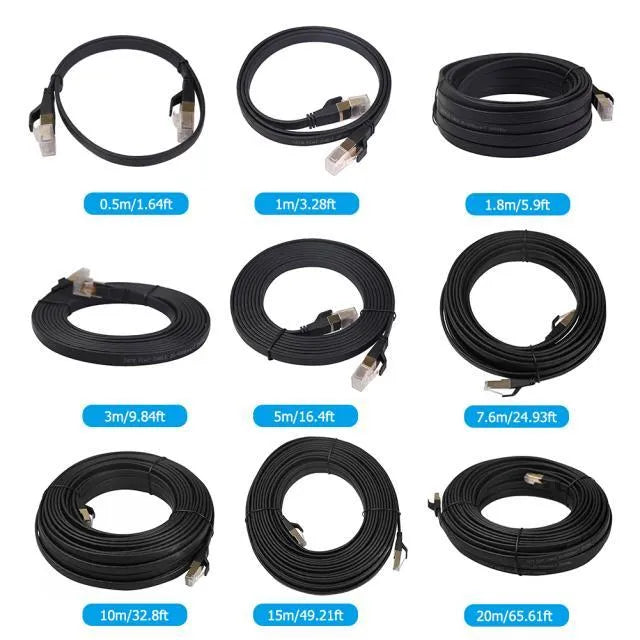 Cat8 Ethernet cable with gold-plated RJ45 connectors and SFTP shielding, shown in various lengths.