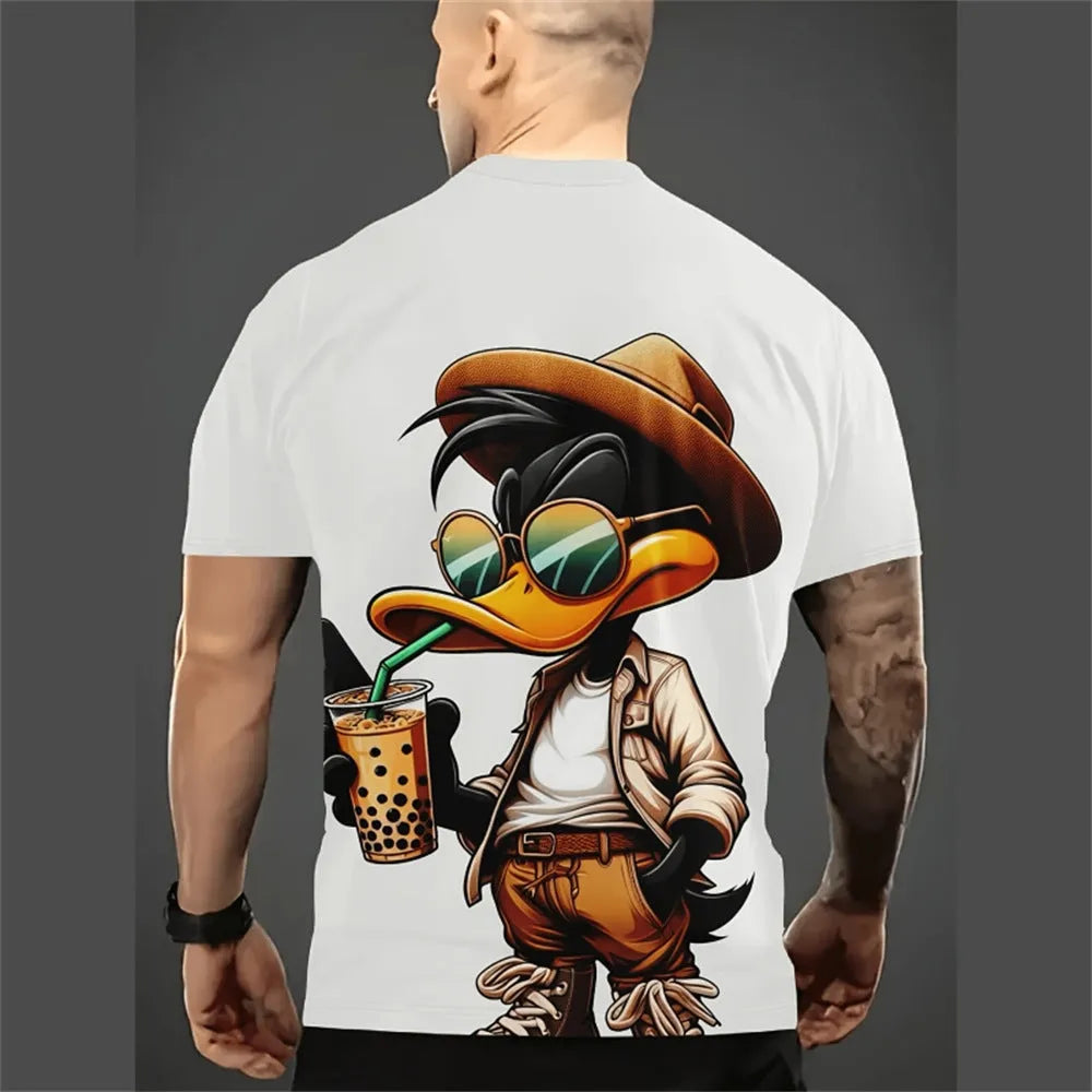 Man wearing a loose-fit grey t-shirt with a colourful 3D cartoon print on the front.