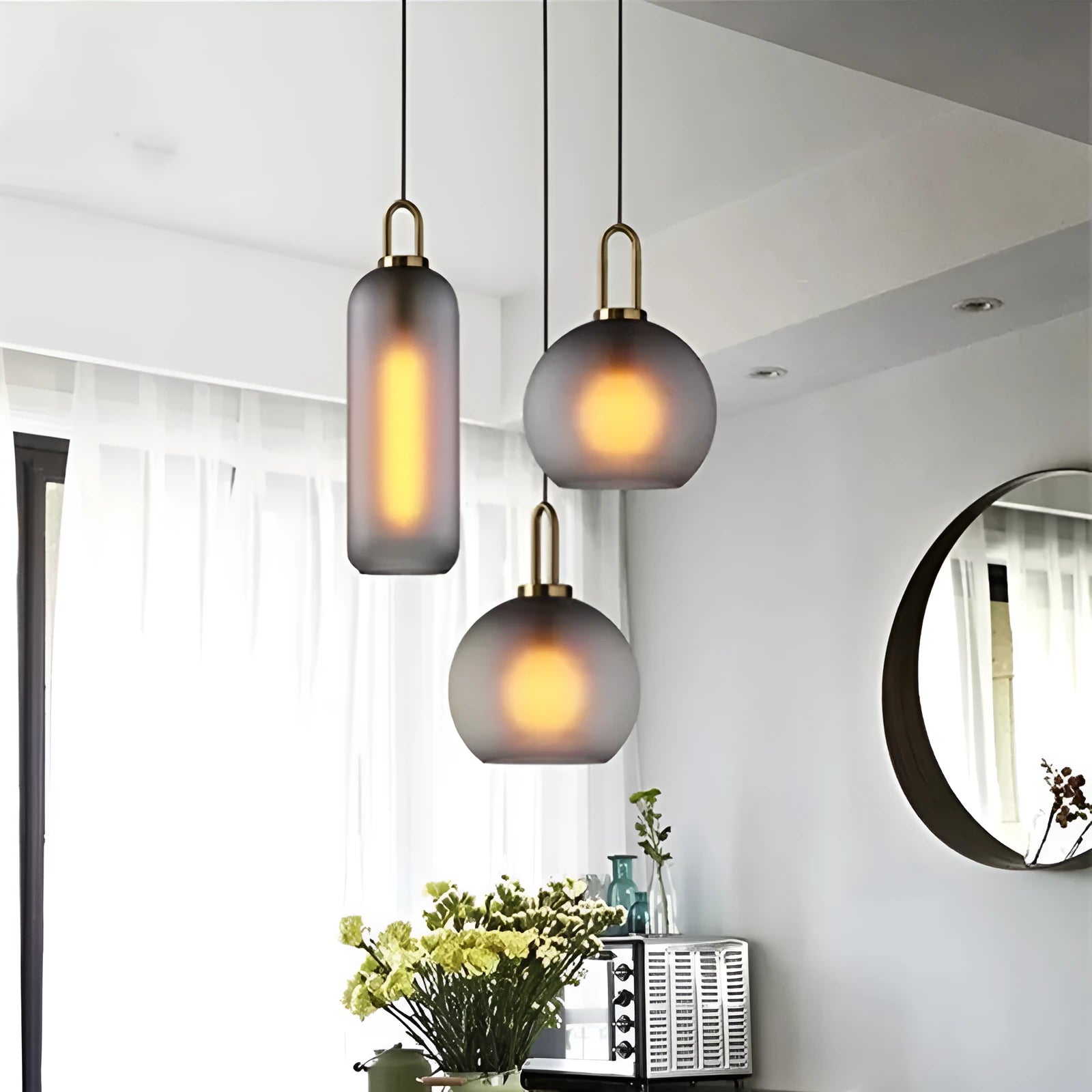 Nordic simple modern glass ball chandelier with iron frame, scrub soot 20cm, adjustable height 0.5m for indoor use