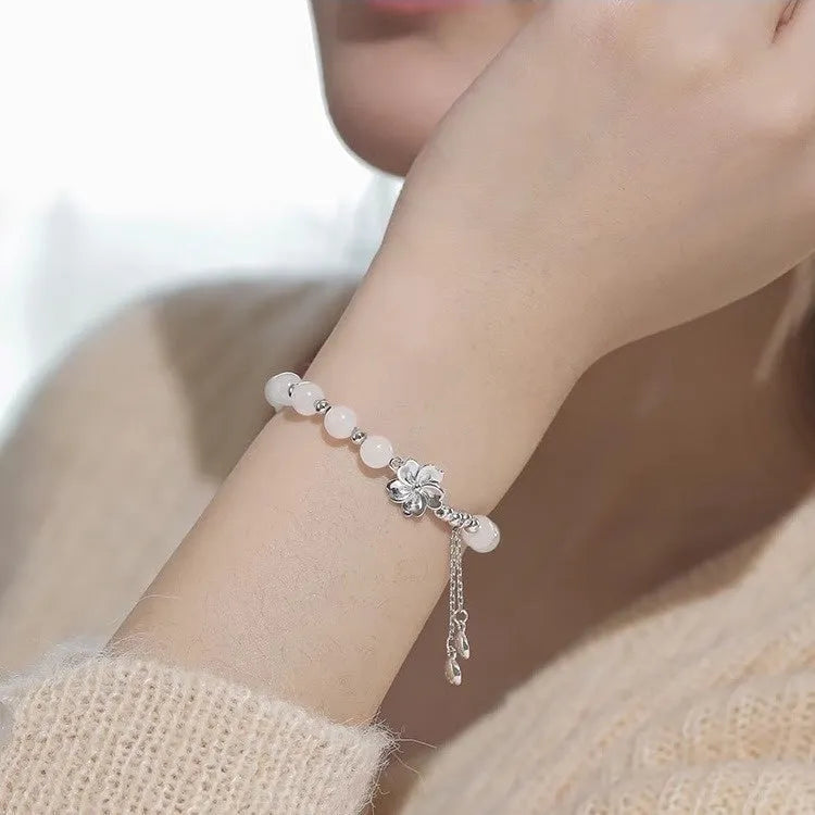 New Chinese Ins style couple's beaded bracelet with resin camellia, lotus, and peach blossom floral charms.