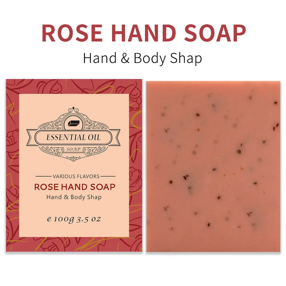 Handmade plant essential oil soap bar with frosted texture showing coconut green tea lavender rose scent options