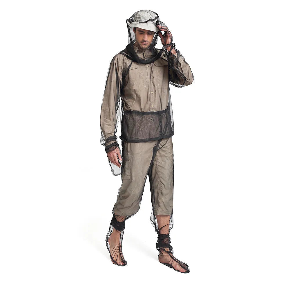 Solid colour mesh anti-mosquito suit set with hood, pants, and booties for outdoor wear