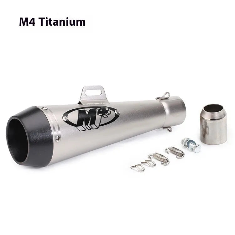 M4 universal motorcycle exhaust pipe in black finish, showing mounting hardware for large displacement bikes.