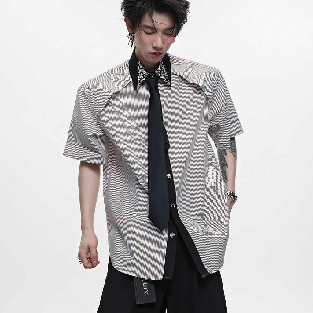 Men's blue and white patchwork striped shirt with diamond tie detail and quilted construction