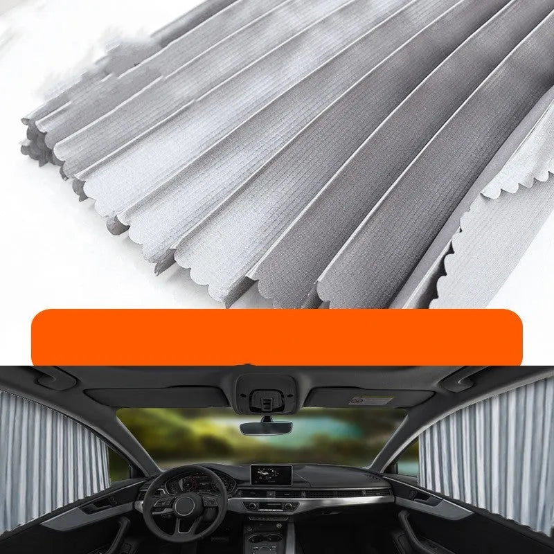 Auto retractable car sunshade curtain in thick opaque cloth with roller shutter mechanism