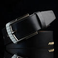 Men's retro-style pin buckle belt in imitation leather with patterned detail, alloy buckle, shown in black colour.