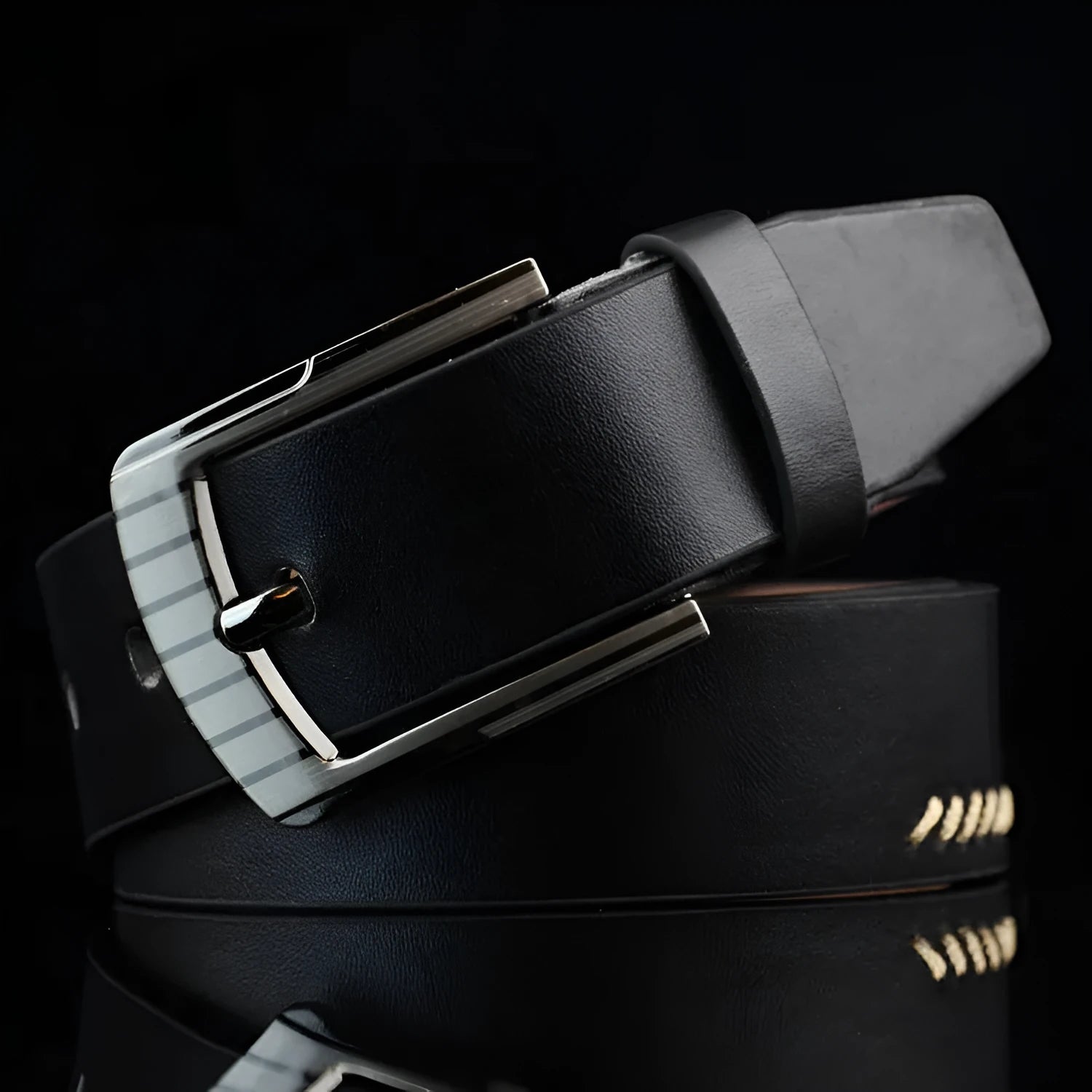 Men's retro-style pin buckle belt in imitation leather with patterned detail, alloy buckle, shown in black colour.
