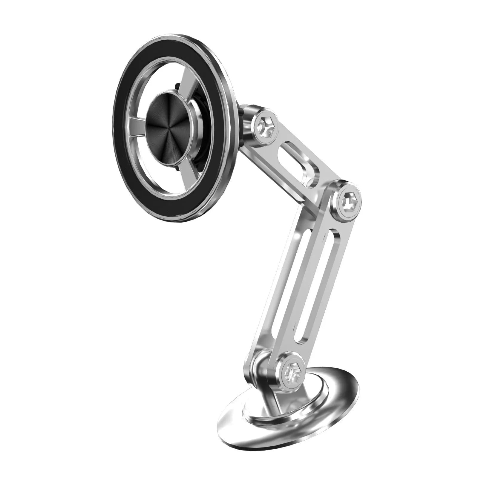 All-metal magnetic car phone holder in black, silver, gold, or rose gold with magnetic rings and adhesive pads.