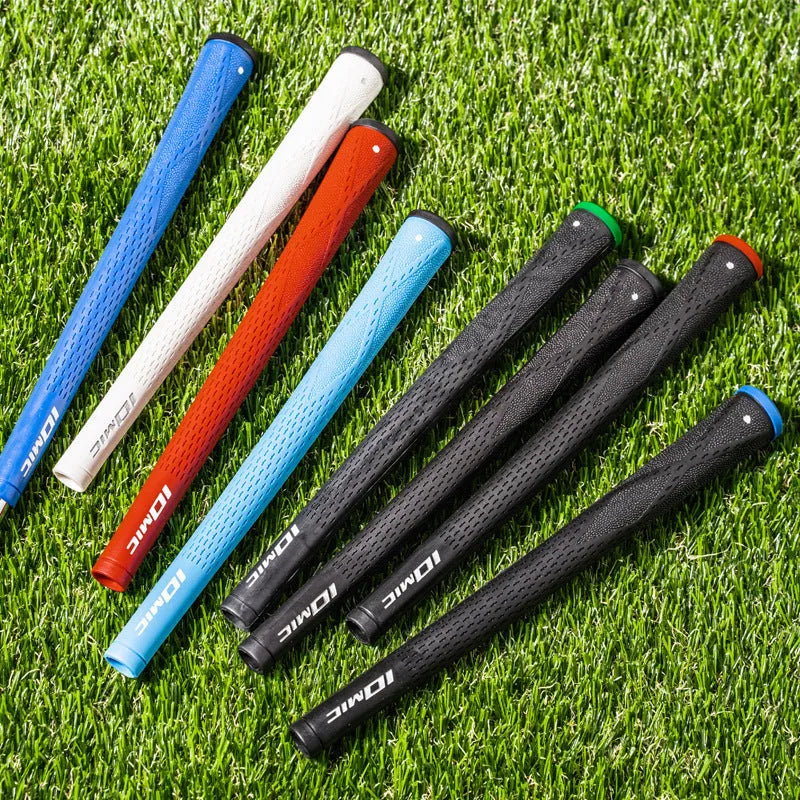 TPE and TPR material golf club grip shown in assorted colours including pink, red, blue, and black with coloured heads.