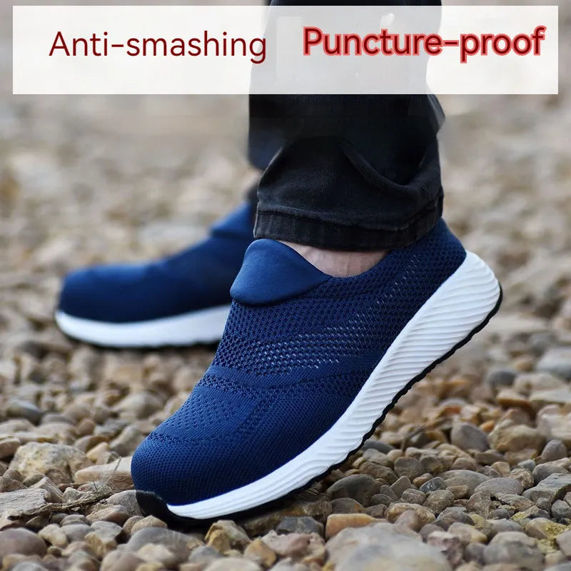 Men's lightweight steel toe work shoes in black, blue, and red with mesh upper and low-top design