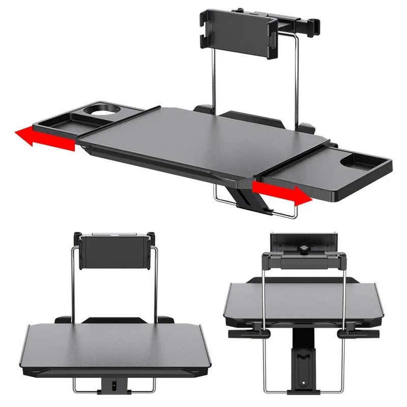 Foldable black ABS car seat back dining table board with phone and tablet clip and headrest strap