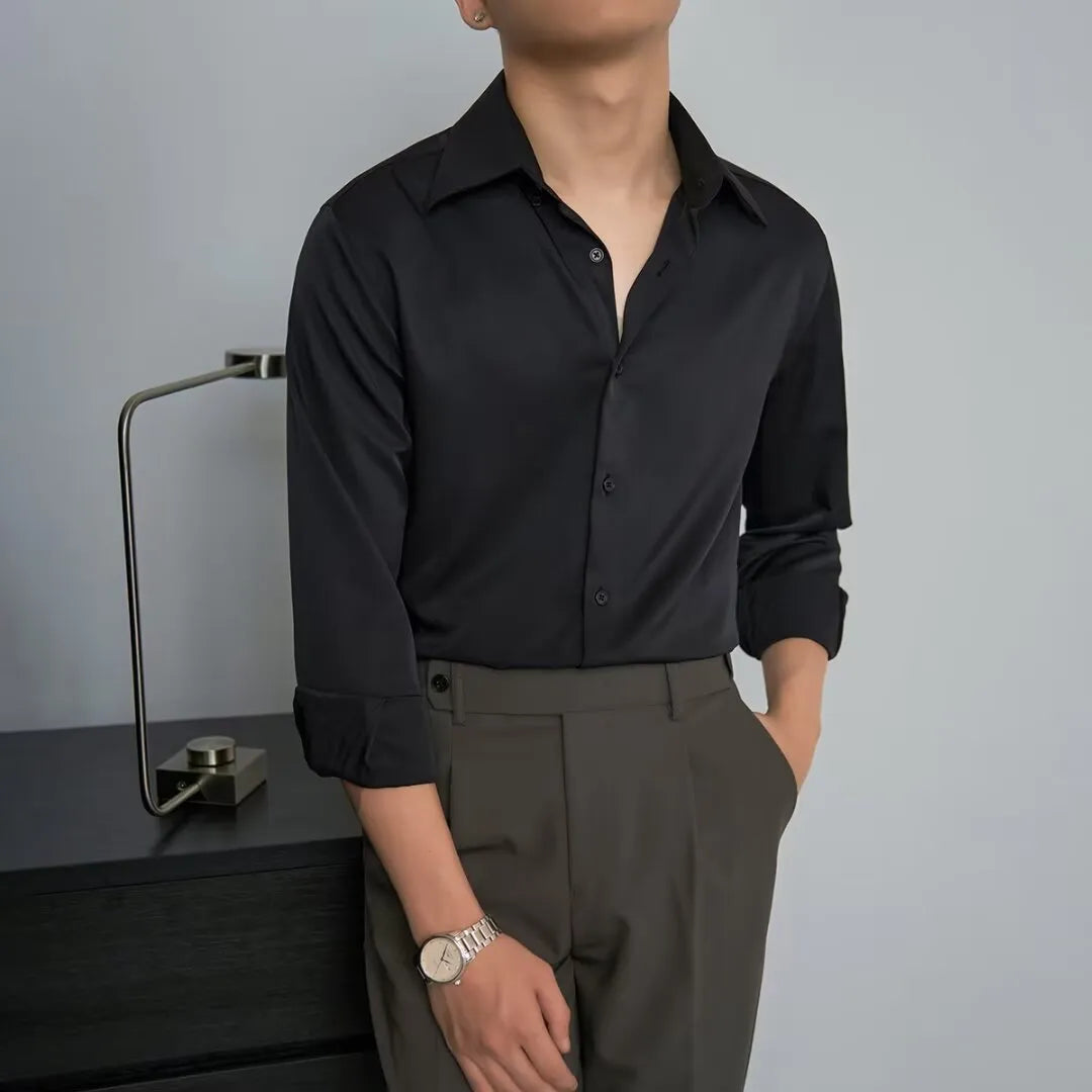 Men's black Korean style slim fit long sleeve shirt with Japanese retro design as autumn cardigan