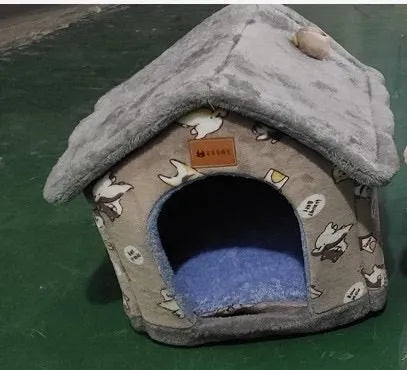 Foldable pet bed with plush fur, enclosed cave shape, removable nest, and durable bottom, in grey star or navy blue carrot.