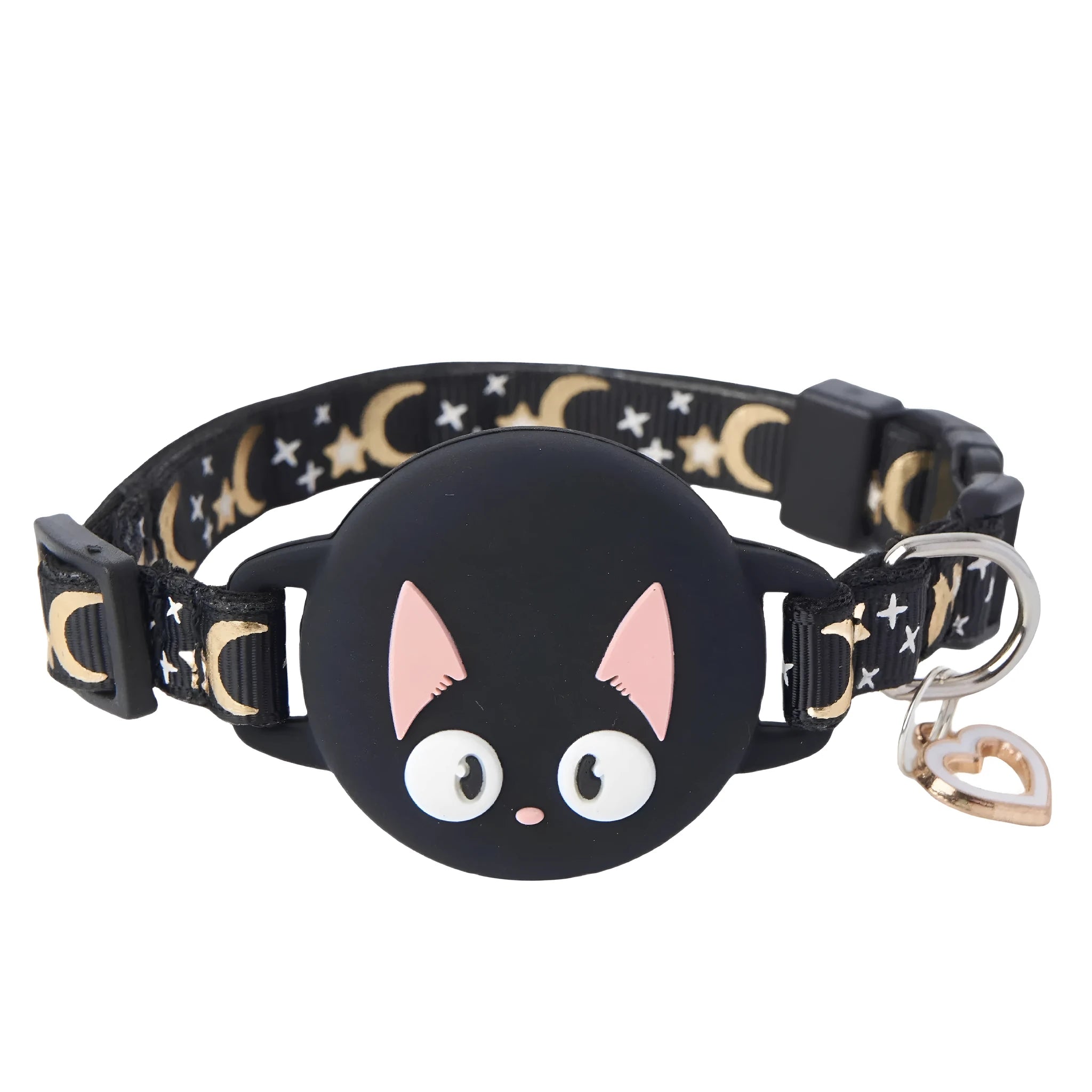 Adjustable cat collar with integrated plastic case for holding a white Apple AirTag, shown in pink.