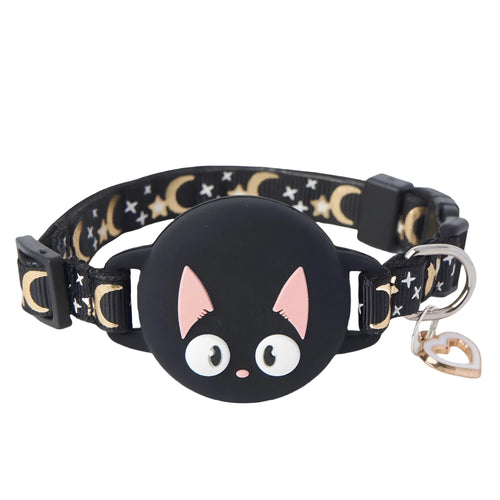 Adjustable cat collar with integrated plastic case for holding a white Apple AirTag, shown in pink.