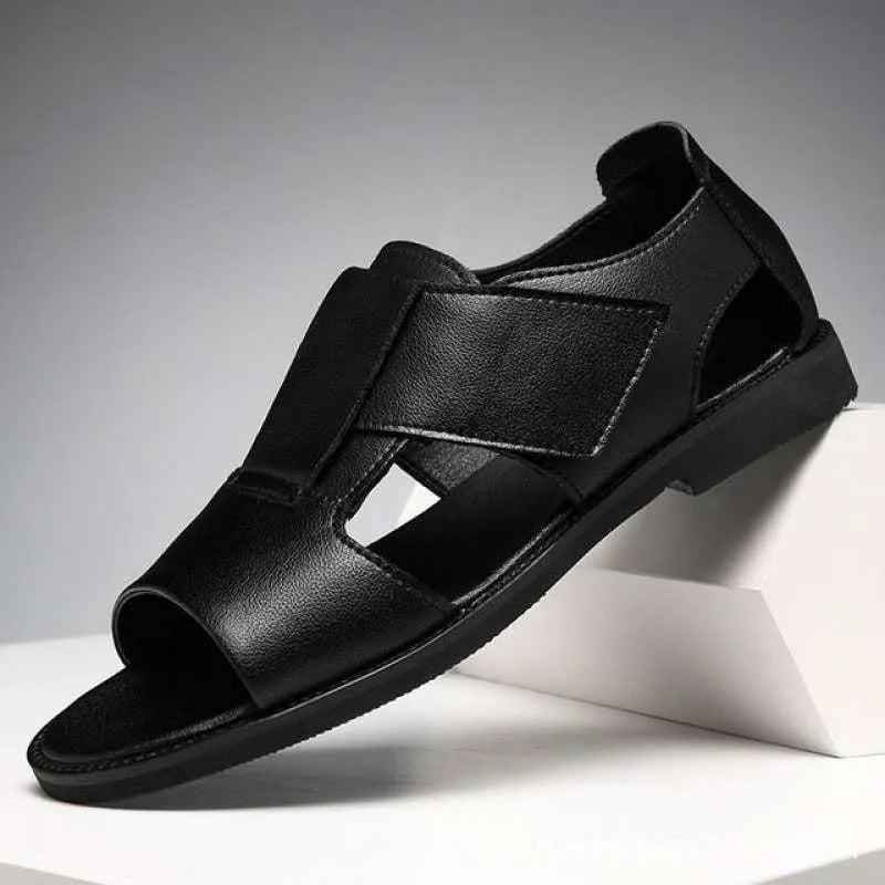 Men's black casual leather sandals with open toe design and rubber sole