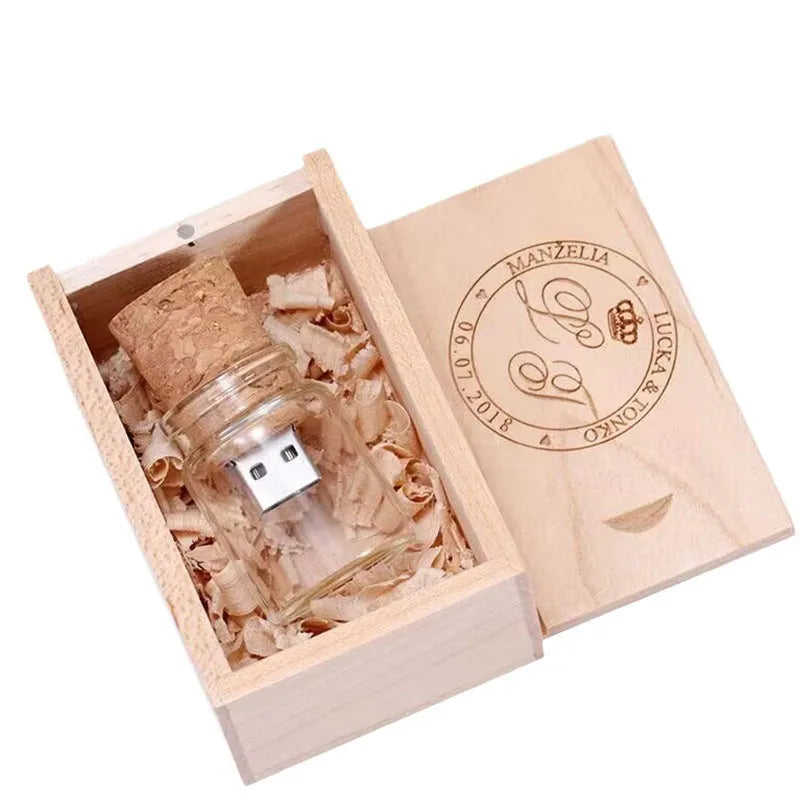 Wooden wish bottle USB flash drive with transparent window showing internal components